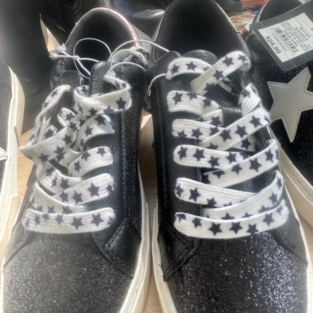 Black Glitter Kids Shoes with Star Laces
